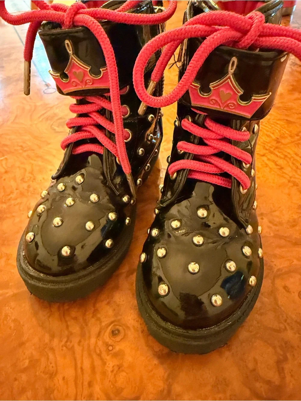 Disney Kids Black Patent Boots with Pink Laces - Size 9